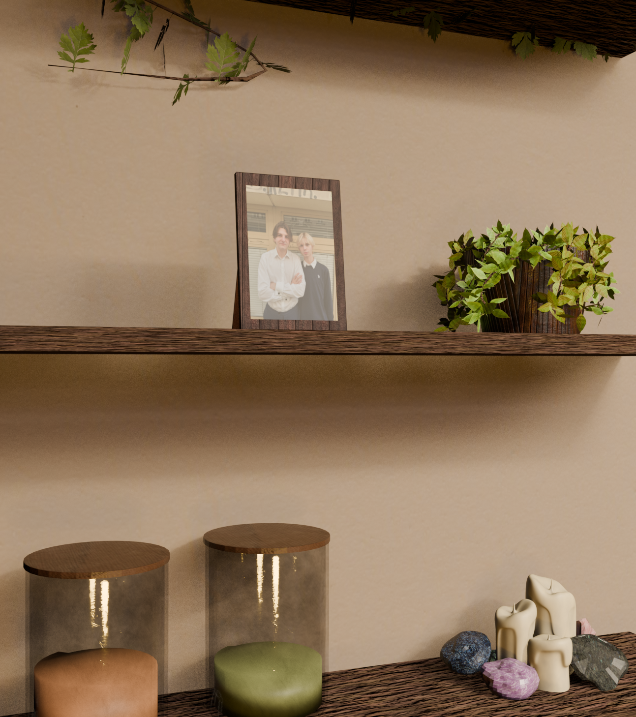 Sigillum shelf study with candles, crystals, plants, and glass seating objects