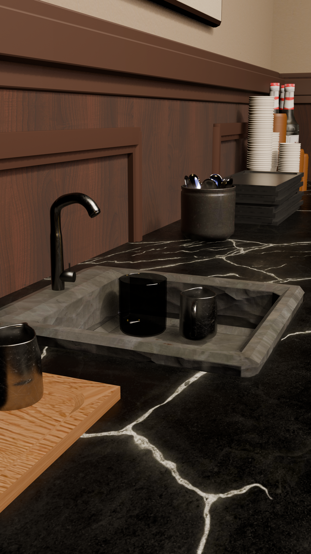 Close-up of the Sigillum coffee counter with black stone, smoked glass, and dark wood wall panels