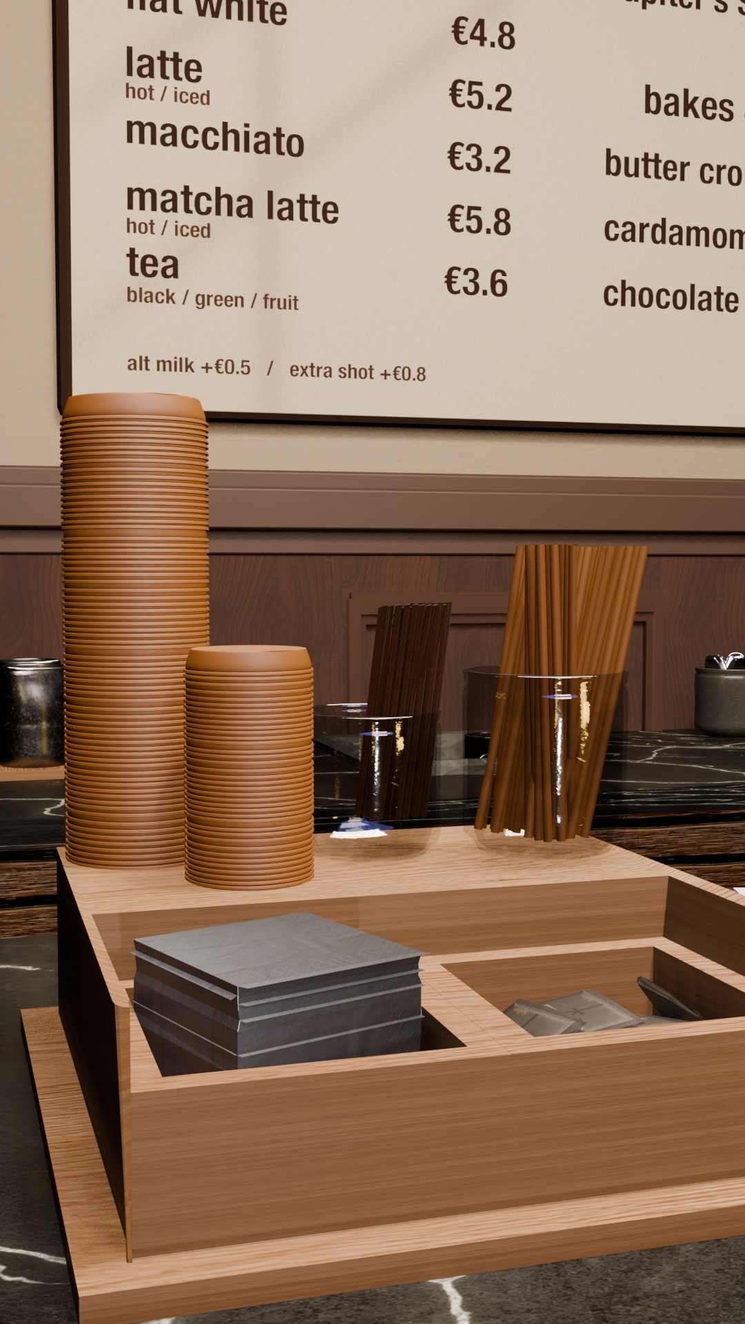 Close-up of the Sigillum menu board with ritual drinks and stacked ceramic cups