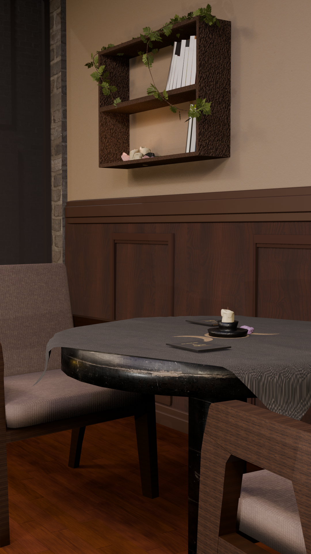 Sigillum seating corner with black table, candle, symbol-marked cloth, and dark wood shelving