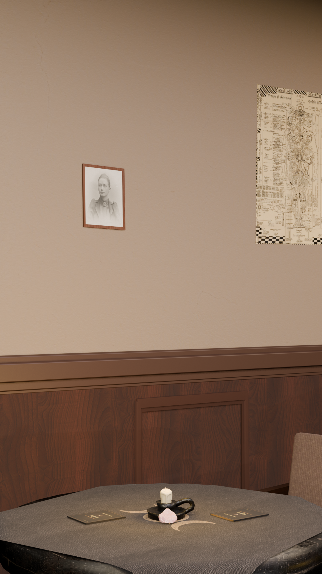 Sigillum wall detail with occult reference print, portrait, and candlelit table setting