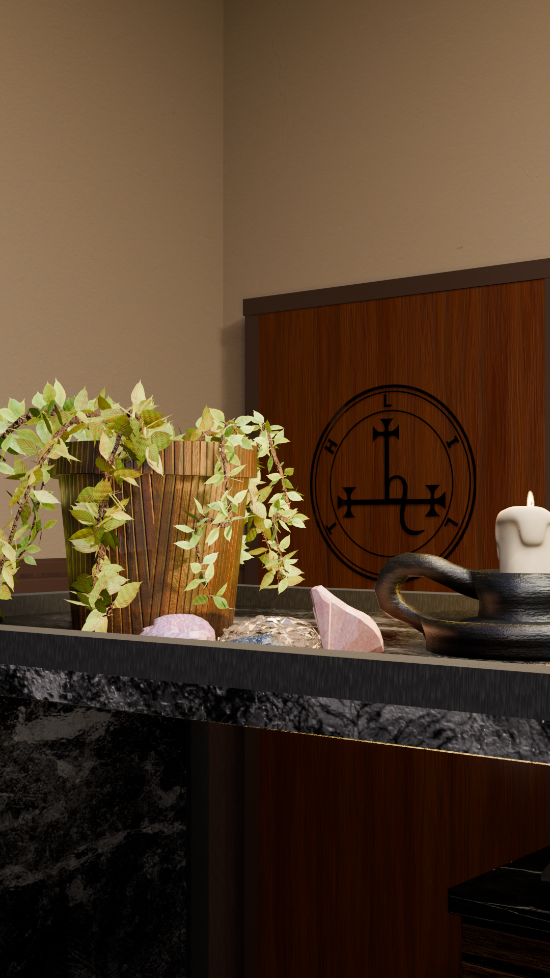 Sigillum symbol wall detail with a candle, crystals, trailing plant, and black ceramic vessel