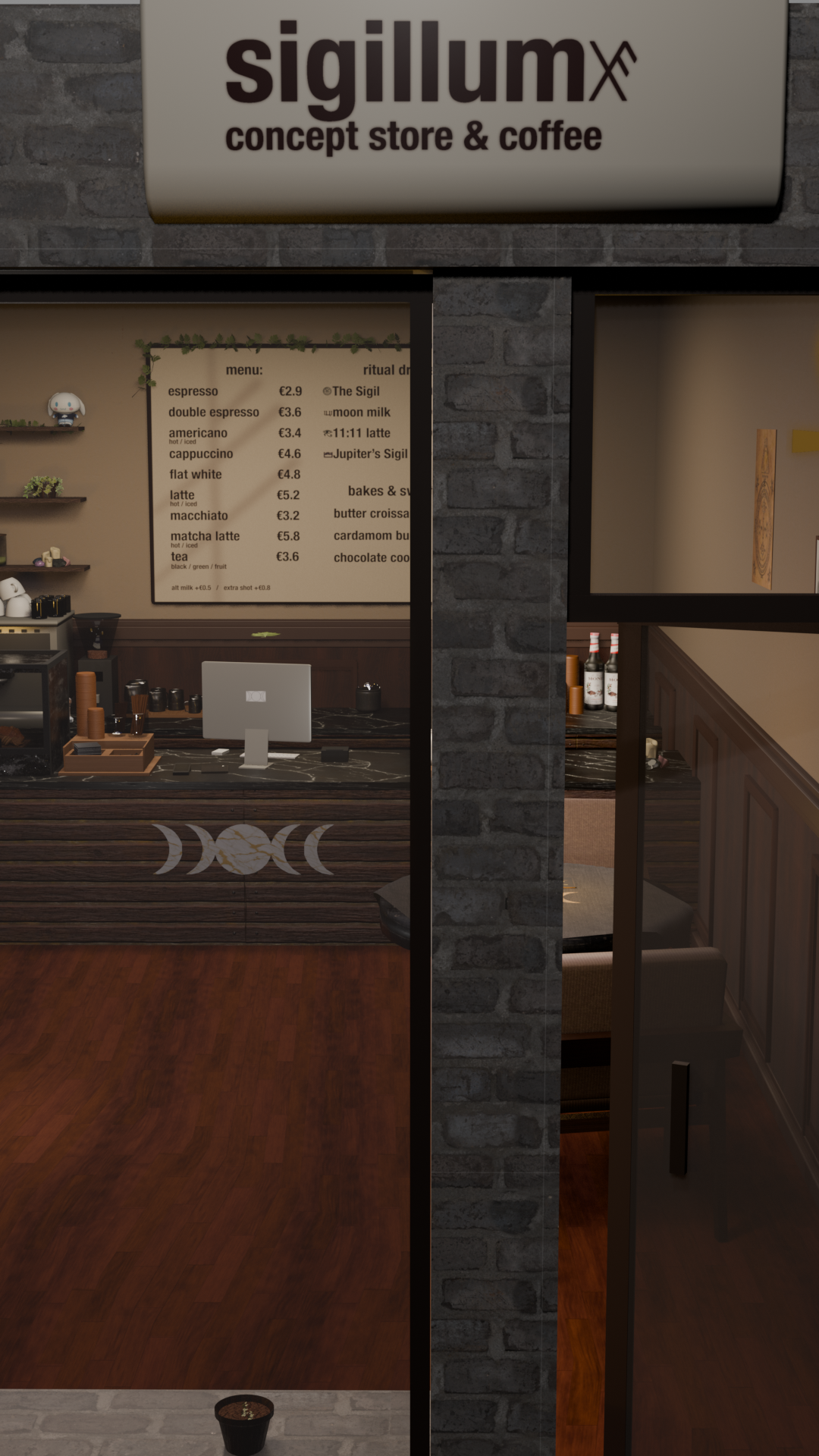 Sigillum entrance showing the concept store and coffee counter behind dark brick